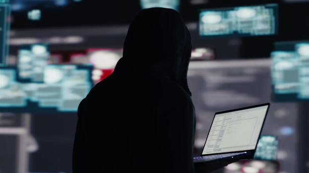 Professional spy compromising cyber security through malware and viruses, digital threat of hacking with unauthorized intrusion into secure networks. Leading to quantum threat and risk. Camera A. photo