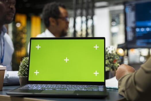 aislado pantalla ordenador portátil usado por ingenieros desarrollando software, diseño codificación soluciones juntos. compañeros de trabajo analizar técnico cuestiones con croma llave computadora portátil, optimizando actuación, de cerca foto