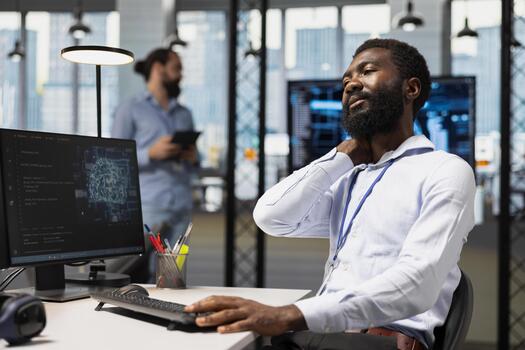 sobrecargado de trabajo programador masajear tiempo cuello a escritorio mientras desarrollando software aplicaciones fatigado africano americano hombre en oficina frotamiento dolorido músculos, utilizando ordenador personal a resolver cuellos de botella foto