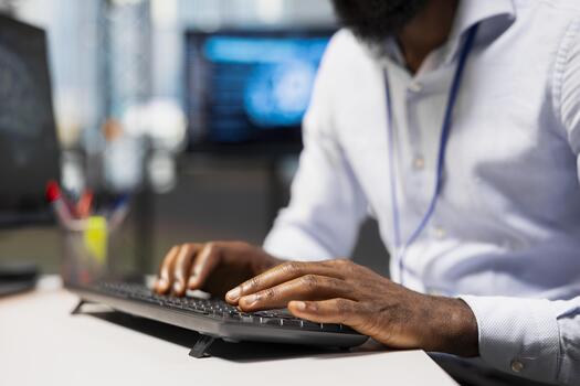 Close up of computer scientist using AI chatbot to review code file for bugs. IT expert using artificial intelligence to suggest optimizations and speed up application performance photo