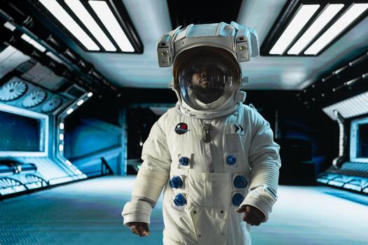 Cosmonaut wearing helmet in spaceship navigating orbital trajectory, doing Mars expedition for future of mankind. Astronaut wearing equipment mapping unknown worlds, exploring alien planet photo