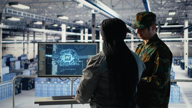 Ejército especialistas en servidor habitación utilizar avanzado ai herramientas a revisión reconocimiento información. militar datos centrar personal miembros correr ai motorizado sistemas a ayuda preparar para misiones, cámara si foto