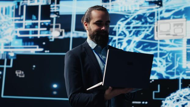 Businessman exploring deep learning and big data connectivity in high tech environment, exploring futurist concepts and programming with smart tools for intelligent development. Camera A. photo