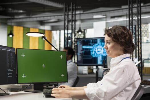 verde pantalla ordenador personal usado por programador en oficina automatizando repetitivo Tareas utilizando ai guiones. eso profesional usos artificial inteligencia tecnología en Bosquejo computadora a velocidad arriba característica implementación foto