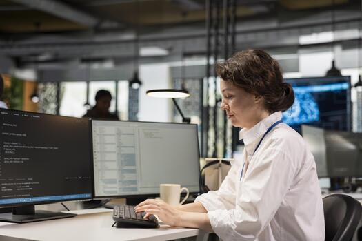 sistema administrador en silicio Valle empresa oficina desarrollando software aplicaciones eso profesional utilizando computadora a trabajo a hacer codificación, depuración aplicaciones a resolver cuestiones foto