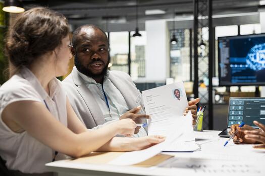 Team of HR professionals use neural networks to scan CVs and support selecting candidates through AI enhanced recruitment and post interview evaluation tools. Chatbot technology. photo