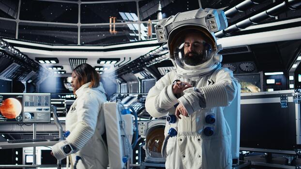 Portrait of joyous astronaut holding helmet performing routine maintenance in starship exploring deep space. Happy cosmonaut navigating orbital trajectory in spacecraft after leaving planet photo