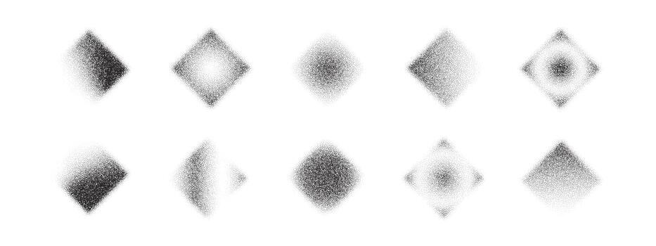 Grainy rhombus pattern with gradient noise effect and stipple texture on white background. Abstract dotwork design with rhomb shapes and sand like grain surface. vector