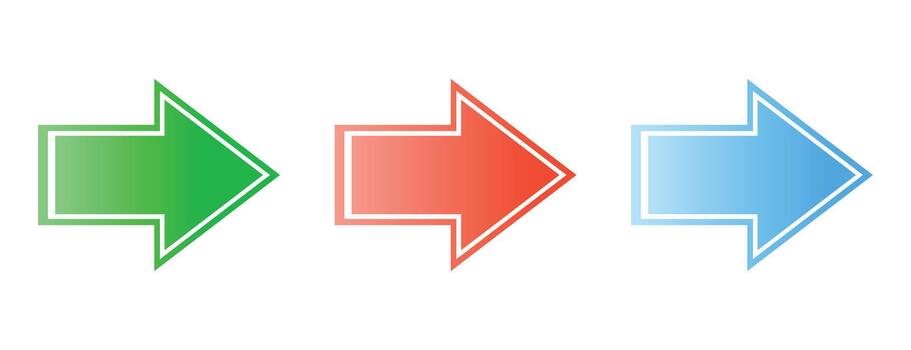 Green red and blue horizontal pointing arrows, directional pointer set vector