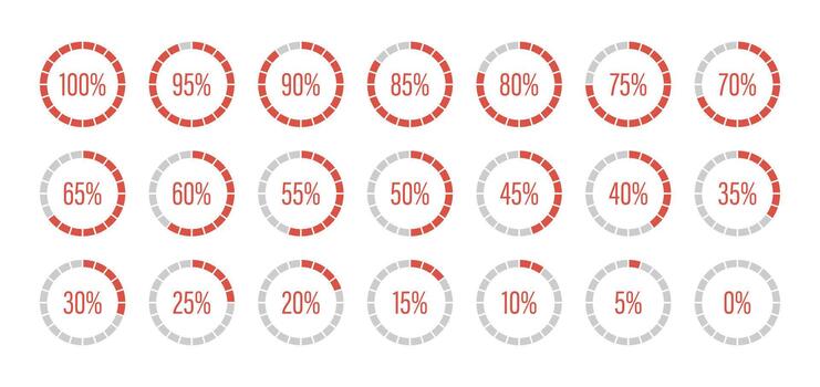 Red progress bars. Template of red and gray color fill pie charts indicator. Round percentage infographic. Round graph loading progress set. Diagrams icons for infographics from 0 to 100 percent. vector