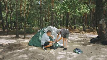 twee mannen werken samen naar reeks omhoog een groen camping tent in een sereen Woud omgeving, presentatie van teamwerk, buitenshuis vaardigheden terwijl voorbereidingen treffen voor een avontuur in natuur. instelling omhoog een tent in de Woud video