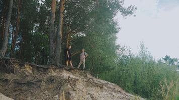 vandrare prata handla om landskap, två upptäcktsresande våga klippa område, grupp av vandrare undersöker skog Cliffside vägar, äventyrare samtala handla om landskap medan upptäcka skog klippsidor med guide video