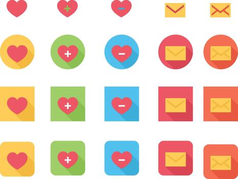 Collection of heart and email icons in different shapes and colors representing love communication and interaction online vector