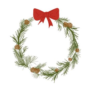 Navidad guirnalda con abeto árbol sucursales, pino conos y rojo arco. hojas perennes árbol circulo marco. mano dibujado ilustración para estacional saludo tarjeta, invitación con Copiar espacio aislado en blanco vector