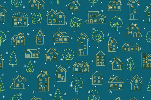 A charming winter-themed illustration featuring various houses and trees arranged in a whimsical pattern, complete with falling snowflakes on a teal background. vector