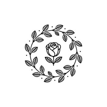 Elegant minimalist line art illustration of a single rose bloom centered within a circular floral wreath of delicate leaves and tiny dots on a clean background vector