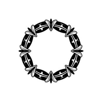 A detailed of an ornate circular frame or border composed of repeating stylized leaf and scroll motifs creating an elegant symmetrical vector