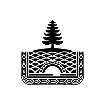 estilizado silueta presentando un solitario hojas perennes árbol encima un redondeado colina encima un decorativo arqueado puente con intrincado geométrico patrones y a escala texturas vector