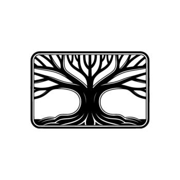 un sorprendentes minimalista ilustración de el árbol de vida símbolo con intrincado raíces y ramas adjunto dentro un redondeado rectangular marco vector
