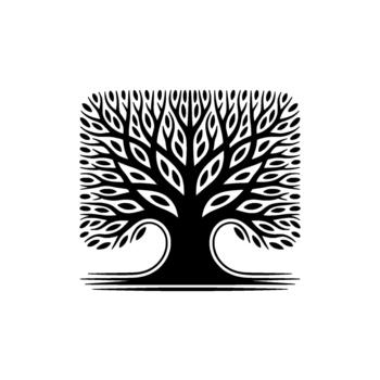 estilizado árbol silueta con intrincadamente detallado ramas y hojas contenido dentro un redondeado cuadrado marco vector