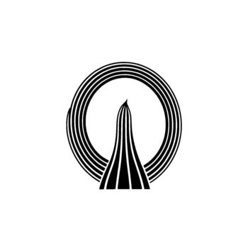 Abstract minimalist geometric featuring a stylized rocket ship launching through concentric circular lines vector
