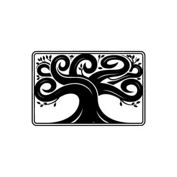 un estilizado tinta dibujo de un árbol de vida con arremolinándose ramas y pequeño hojas contenido dentro un redondeado rectangular marco vector