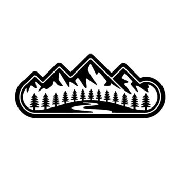 A striking silhouette illustration depicting a rugged mountain range with sharp peaks a serene winding river and a row of coniferous trees all enclosed within a bold outline vector