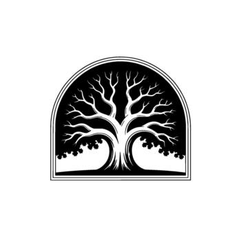 minimalista silueta de un maduro roble árbol con desmadejado ramas y texturizado hojas dentro un arqueado marco vector