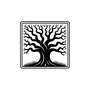 un estilizado silueta de un desnudo antiguo roble árbol con intrincado derivación patrones adjunto dentro un redondeado cuadrado marco vector