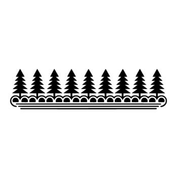 A symmetrical featuring a horizontal row of stylized fir trees standing above a decorative border with repeating half circles and linear elements vector