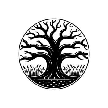 Stylized silhouette of a mature ancient tree with thick gnarled branches and roots within a circular frame surrounded by marsh reeds and pebble details vector