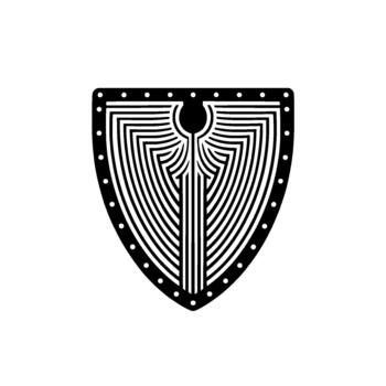 Minimalist shield emblem with intricate concentric line art and a border of evenly spaced dots vector