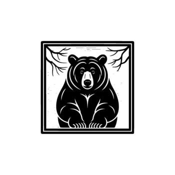 estilizado oso sentado dentro un decorativo cuadrado marco presentando árbol ramas y lineal antecedentes elementos creando un negrita ilustración vector