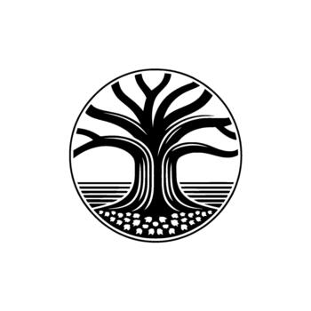 estilizado representación de un monocromo árbol de vida emblema con distinto raíces ramas y follaje conjunto dentro un circular marco y aislado vector