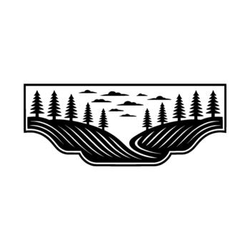 stylized illustration depicting rolling hills with evergreen trees and stylized clouds within a decorative frame vector