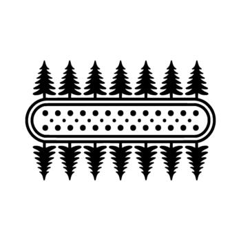 minimalista contorno ilustración de un fila de estilizado pino arboles encima y abajo un redondeado rectangular forma lleno vector