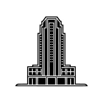 A stark illustration of a stylized art deco skyscraper building with layered setbacks and uniform window details isolated vector
