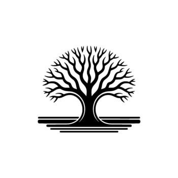 A stark silhouette of a stylized mature oak tree with intricate branching patterns and a smooth rounded canopy vector