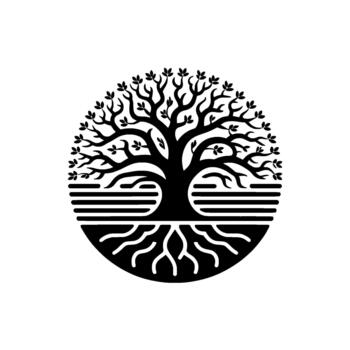 Stylized silhouette of a circular life tree emblem featuring intricate branching canopy and exposed root system vector