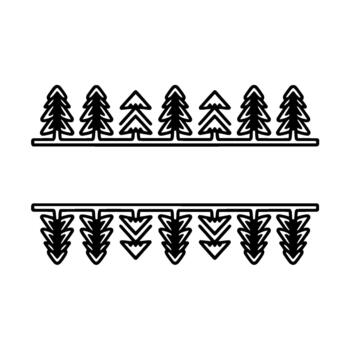 A pair of horizontal line art borders featuring stylized evergreen trees and downward pointing arrow shapes vector