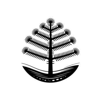 stylized silhouette of a coniferous tree with radiating branches and a curved abstract base with decorative elements vector