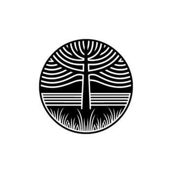 Striking minimalist circular featuring an abstract stylized tree with radiating branches and grassy foreground vector