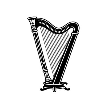 A stark illustration of an ornate Irish harp with detailed decorative elements and numerous taut strings vector