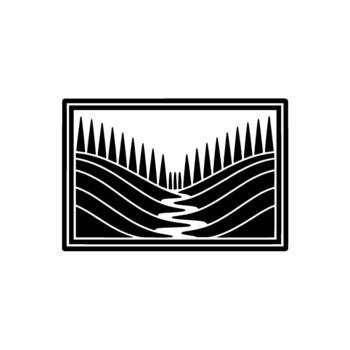 estilizado silueta de laminación colinas y un devanado río con un contorno de pino arboles dentro un doble bordeado rectangular marco vector