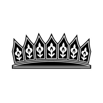 A minimalist illustration of a royal crown with seven ornate points each featuring a stylized floral motif and separated by sharp triangular peaks vector