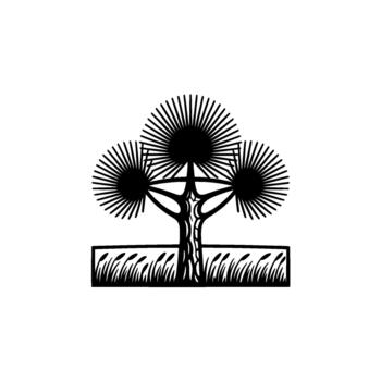 un estilizado ilustración de un Tres con membrete palma árbol con radiante Dom me gusta follaje en pie en un campo de césped representado dentro un rectangular frontera vector