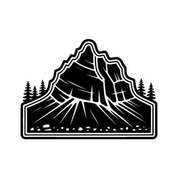 silhouette emblem of a rugged mountain peak with distinct rock formations and a cluster of pine trees vector
