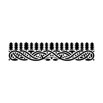 A illustration of a decorative border featuring a repeating pattern of stylized evergreen trees above an intricate interlacing flourish of swirling vines and leaf motifs vector