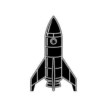 A stark silhouette of a retro style rocket ship with distinctive fins and a circular window detail vector