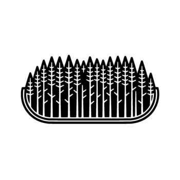 Stylized minimalist silhouette of a dense forest of coniferous trees enclosed within a curved base representing a landscape or boat vector